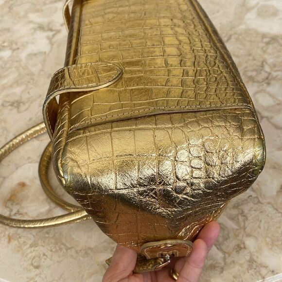 Claudia Firenze Italian Metallic Gold Croc Embossed Dual Handle Satchel Bag - Picture 7 of 14